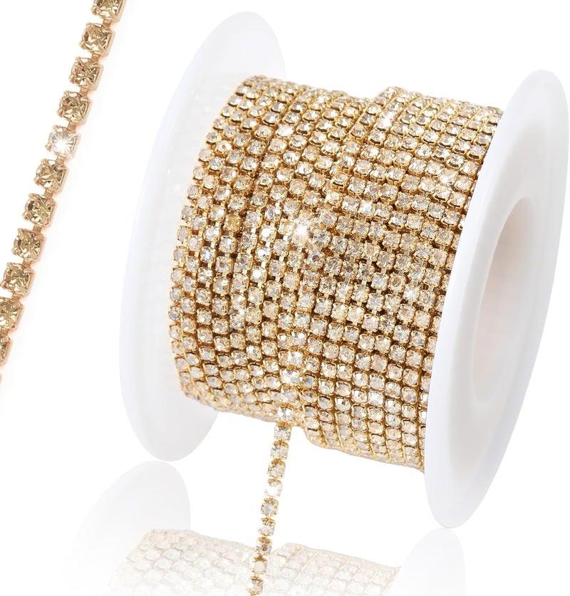 Rytenz 10 Yards 2 MM Rhinestone Chain Trim Crystal Rhinestone Close Chain Trim, for Sewing Crafts, DIY Decoration, Jewelry, Clothing, Shoes (Golden Champagne) - Image 1